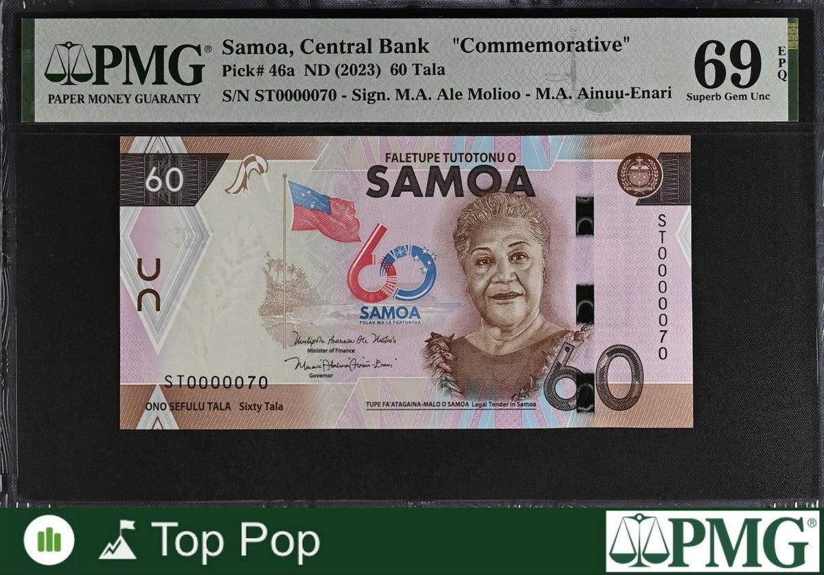 Samoa COMM. 60 Tala ND (2023) P 46a UNC PMG 69 EPQ LOW S/N 0000070 TOP POP