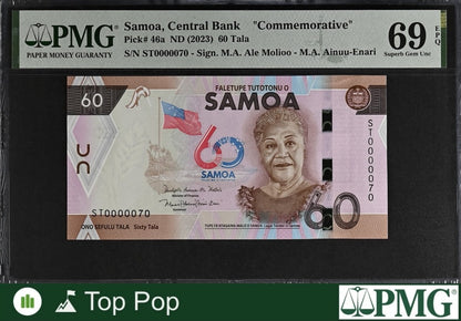 Samoa COMM. 60 Tala ND (2023) P 46a UNC PMG 69 EPQ LOW S/N 0000070 TOP POP