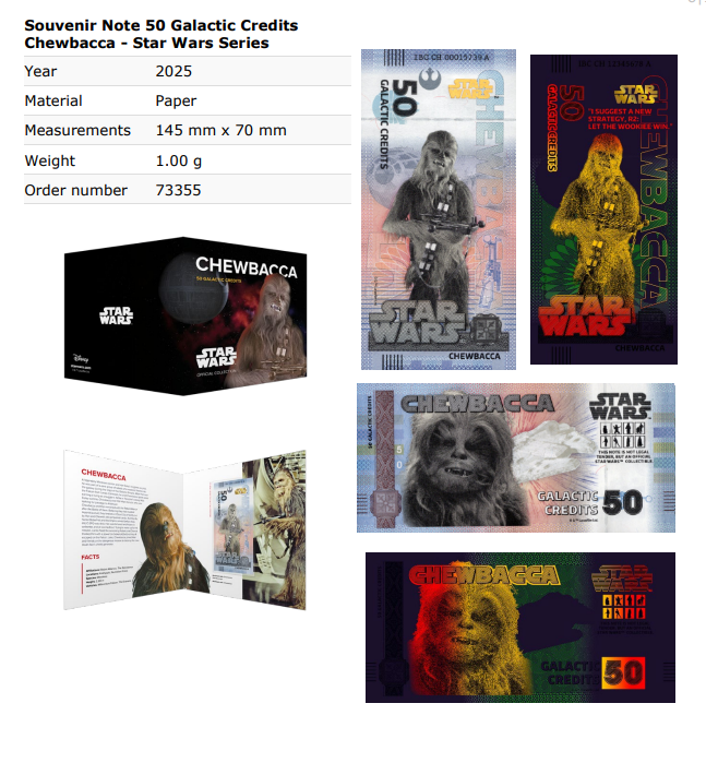 Disney Official Star Wars 50 Galactic Credits 2025 Chewbacca UNC With Folder