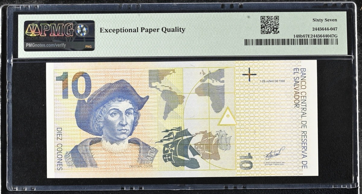 El Salvador 10 Colones 1998 P 148b UNC PMG 67 EPQ 2nd TOP POP