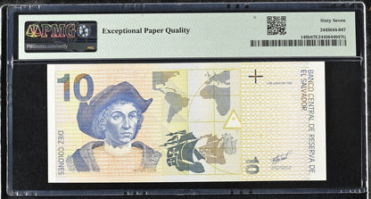 El Salvador 10 Colones 1998 P 148b UNC PMG 67 EPQ 2nd TOP POP