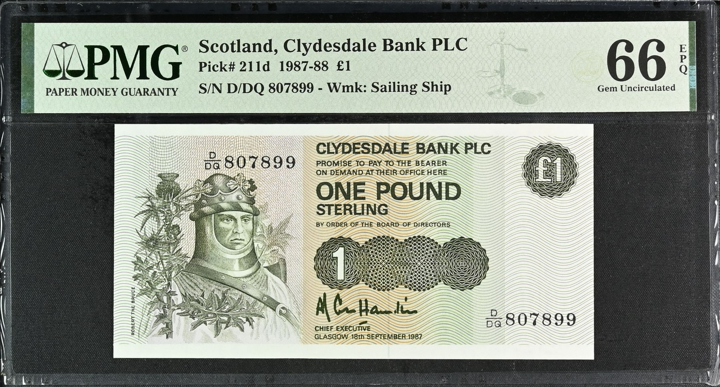 Scotland Clydesdale Bank PLC 1 Pound 1987-88 P 211d UNC PMG 66 EPQ 3rd TOP POP