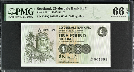 Scotland Clydesdale Bank PLC 1 Pound 1987-88 P 211d UNC PMG 66 EPQ 3rd TOP POP