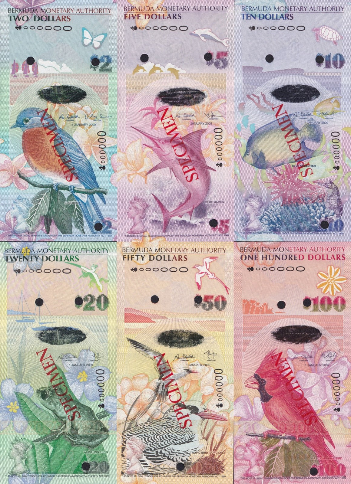 Bermuda 2 5 10 20 50 100 $ 2009 P 57 58 59 60-62 UNC Set 6 Onion Prefix SPECIMEN
