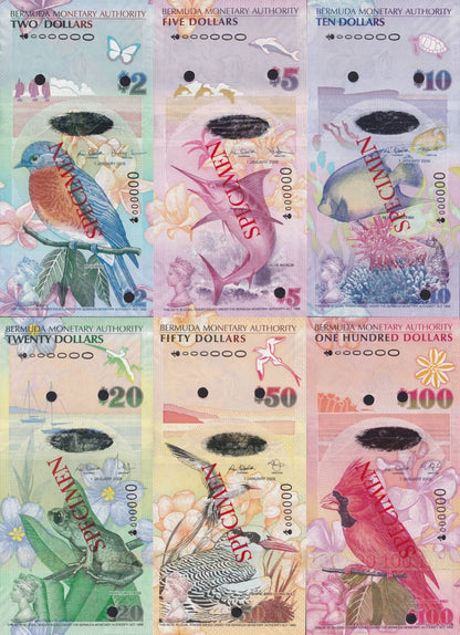 Bermuda 2 5 10 20 50 100 $ 2009 P 57 58 59 60-62 UNC Set 6 Onion Prefix SPECIMEN