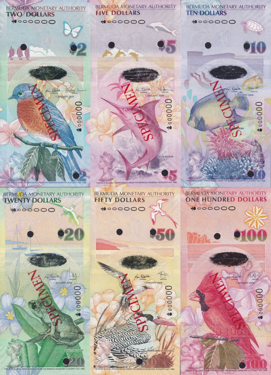 Bermuda 2 5 10 20 50 100 $ 2009 P 57 58 59 60-62 UNC Set 6 Onion Prefix SPECIMEN