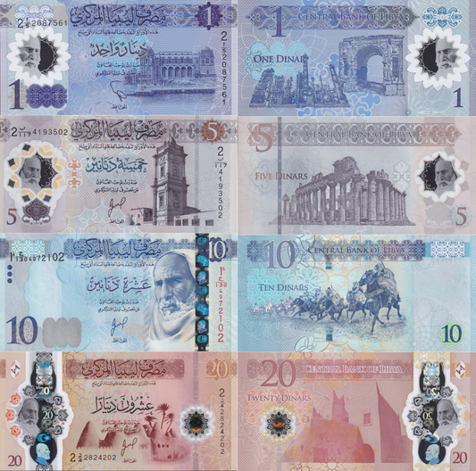 Libya 1 5 10 20 Dinar 2019 2025 P 85 P NEW Paper Polymer UNC Set 4 pcs