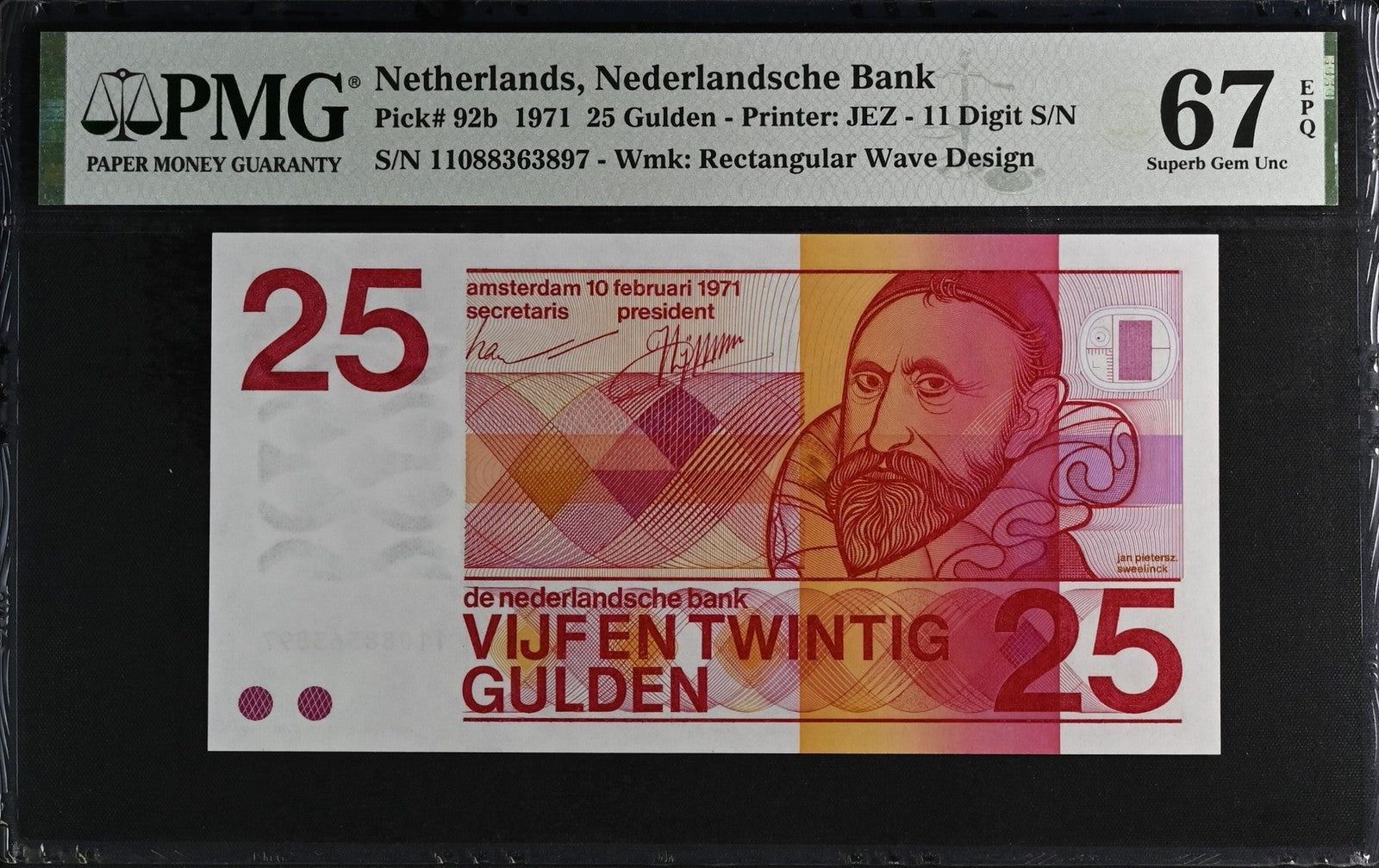 Netherlands Nederlandsche Bank 25 Gulden 1971 P 92b UNC PMG 67 EPQ 3rd TOP POP