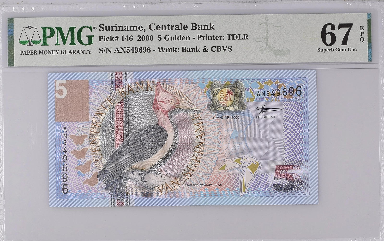 Suriname Centrale Bank 5 Gulden 2000 P 146 UNC PMG 67 EPQ 2nd TOP POP