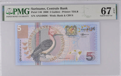 Suriname Centrale Bank 5 Gulden 2000 P 146 UNC PMG 67 EPQ 2nd TOP POP