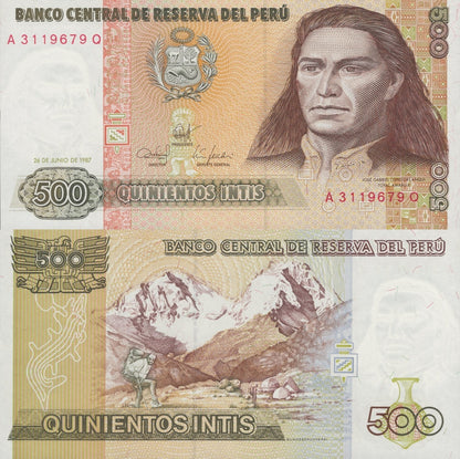 Peru 500 Intis 1987 P 134b UNC 1 Bundle Lot 100 pcs