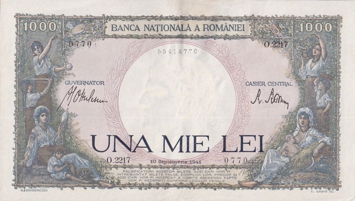 Romania 1000 Lei 1941 P 52 UNC FOXING
