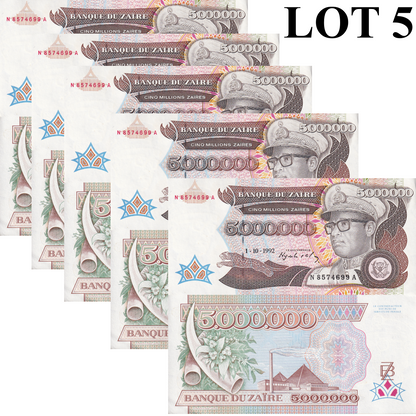 Zaire 5000000 Zaires 1992 P 46 UNC 1/20 Bundle LOT 5 pcs