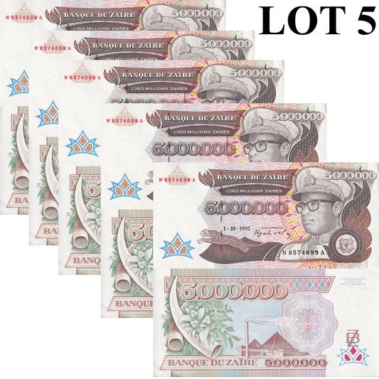 Zaire 5000000 Zaires 1992 P 46 UNC 1/20 Bundle LOT 5 pcs