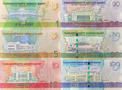 Turkmenistan 1 5 10 20 50 100 Manat 2017 P 36 37 38 39 40 41 UNC Set 6 pcs COMM.