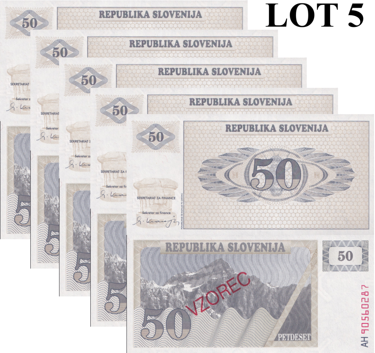 Slovenia 50 Tolarjev 1990 P 5 UNC SPECIMEN 1/20 Bundle Lot 5 pcs