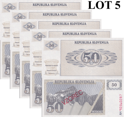 Slovenia 50 Tolarjev 1990 P 5 UNC SPECIMEN 1/20 Bundle Lot 5 pcs