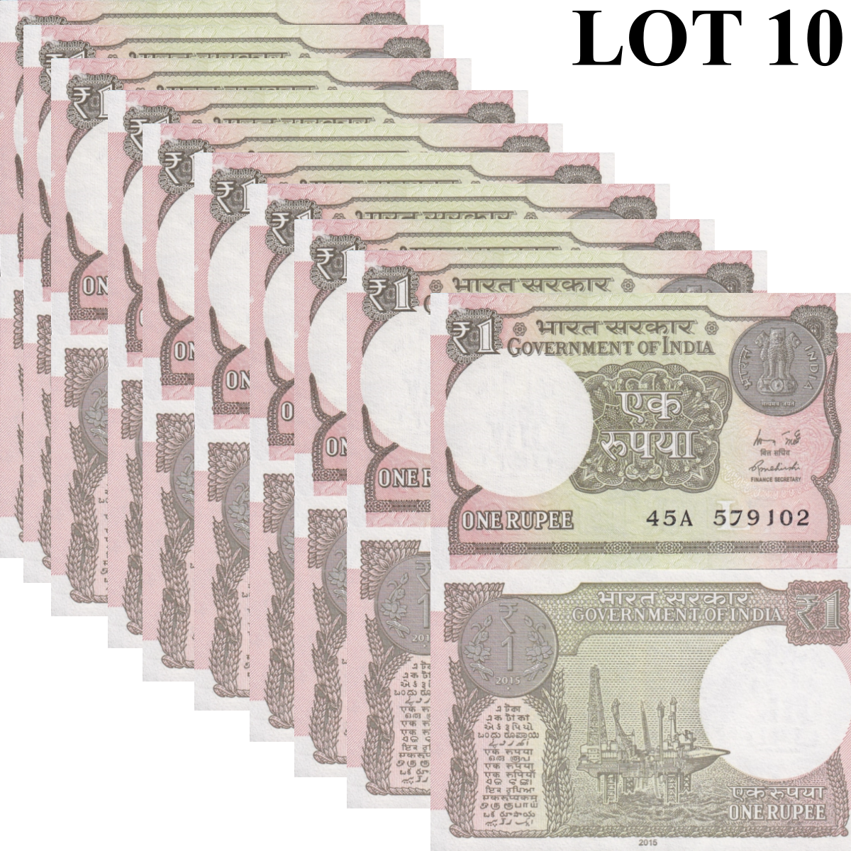India 1 Rupee 2015 P 117a UNC 1/10 Bundle Lot 10 pcs