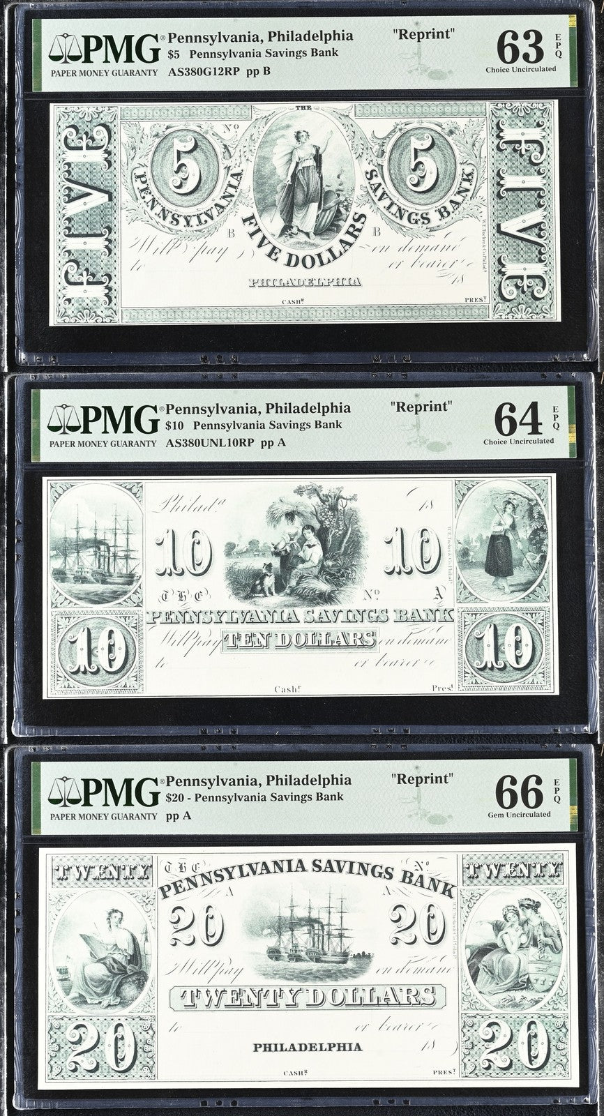 Pennsylvania Philadelphia Reprint 5-20 Obsolet BankNote UNC PMG 63-66 EPQ Set 3