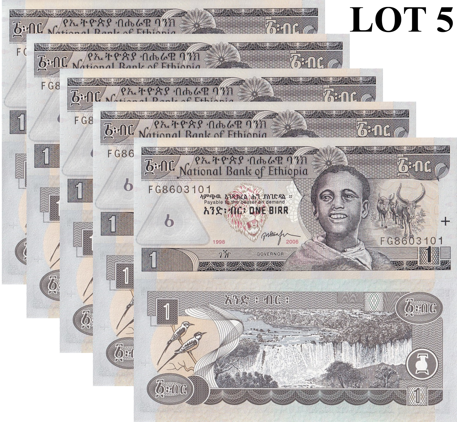 Ethiopia 1 Birr 1998/2006 P 46d UNC 1/20 Bundle Lot 5 pcs