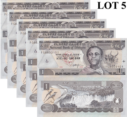 Ethiopia 1 Birr 1998/2006 P 46d UNC 1/20 Bundle Lot 5 pcs