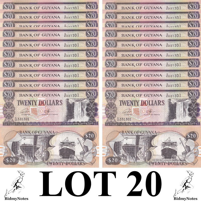 Guyana 20 Dollars ND 1996-2018 P 30f UNC 1/5 Bundle LOT 20 pcs