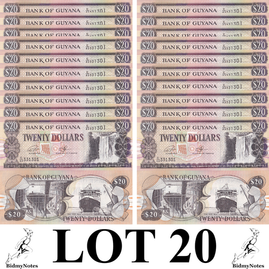 Guyana 20 Dollars ND 1996-2018 P 30f UNC 1/5 Bundle LOT 20 pcs