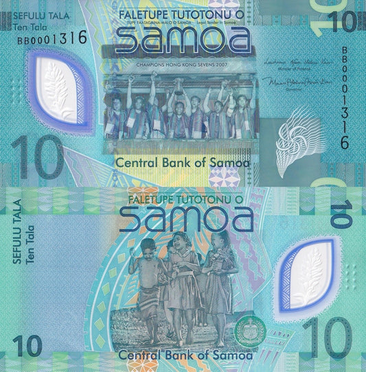 Samoa 10 Tala ND 2023 2024 P 48 New Design Polymer LOW Serial Number 000XXXX UNC