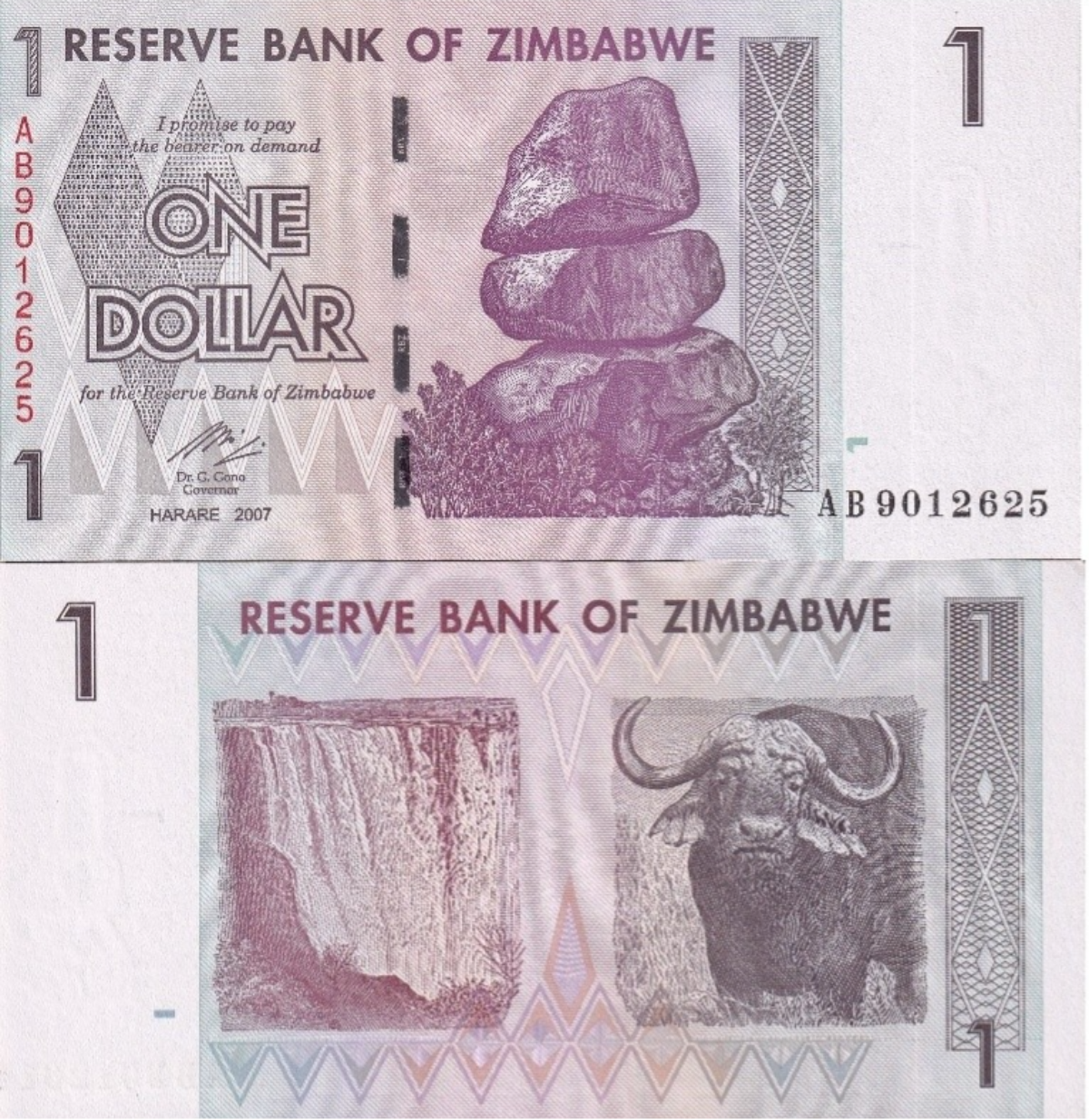 Zimbabwe 1 Dollar 2007 P 65 UNC 1/10 Bundle Lot 10 pcs