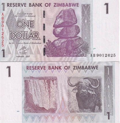 Zimbabwe 1 Dollar 2007 P 65 UNC 1/10 Bundle Lot 10 pcs