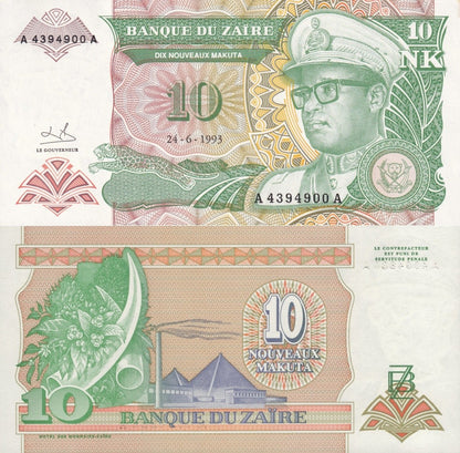 Zaire 10 Nouveaux Makuta 1993 P 49 UNC MINOR FOXING