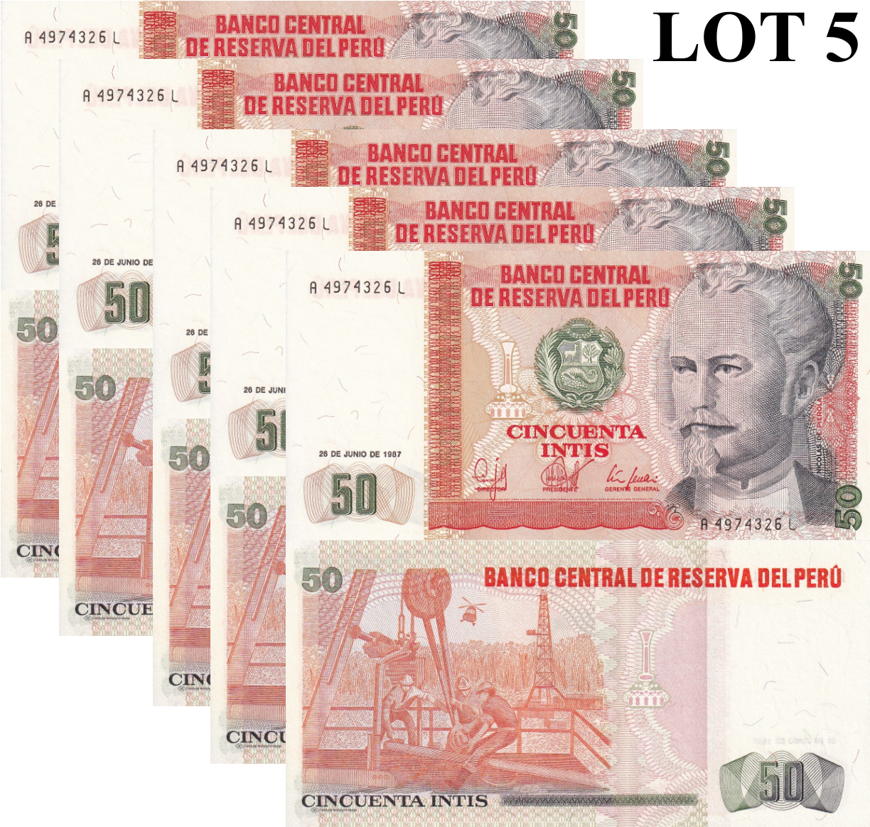 Peru 50 Intis 1987 P 131b UNC 1/20 Bundle Lot 5 pcs
