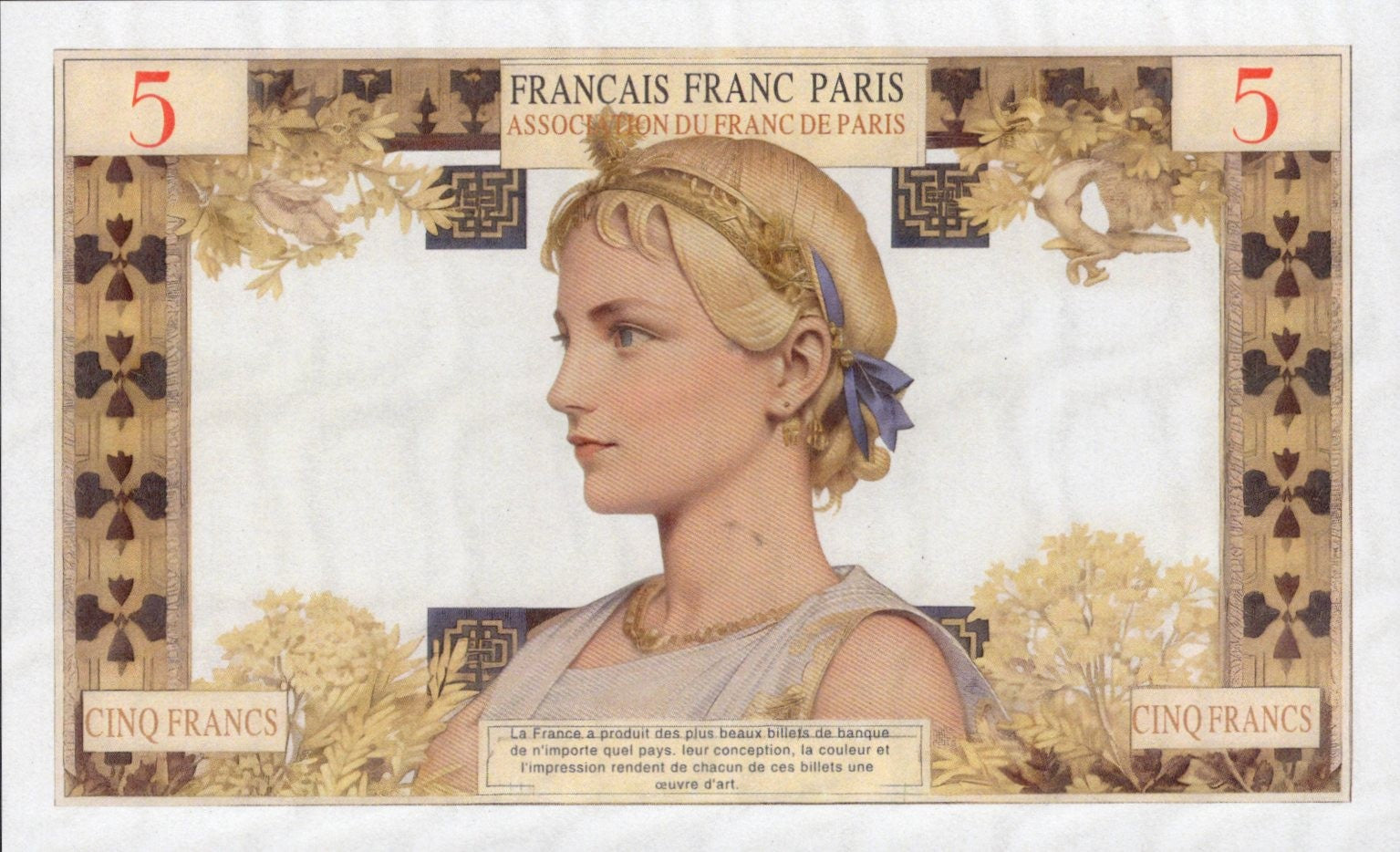 French TEST NOTE 5 Francs Oil Painting Style beauty Commemorative Banknote UNC