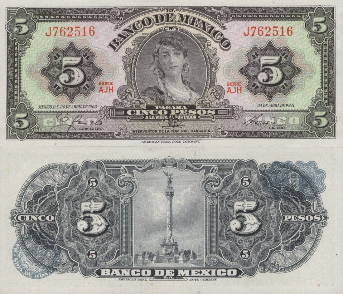 Mexico 5 Pesos 1963 P 60h Serie AJH UNC