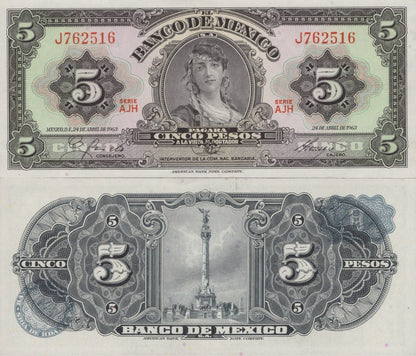 Mexico 5 Pesos 1963 P 60h Serie AJH UNC