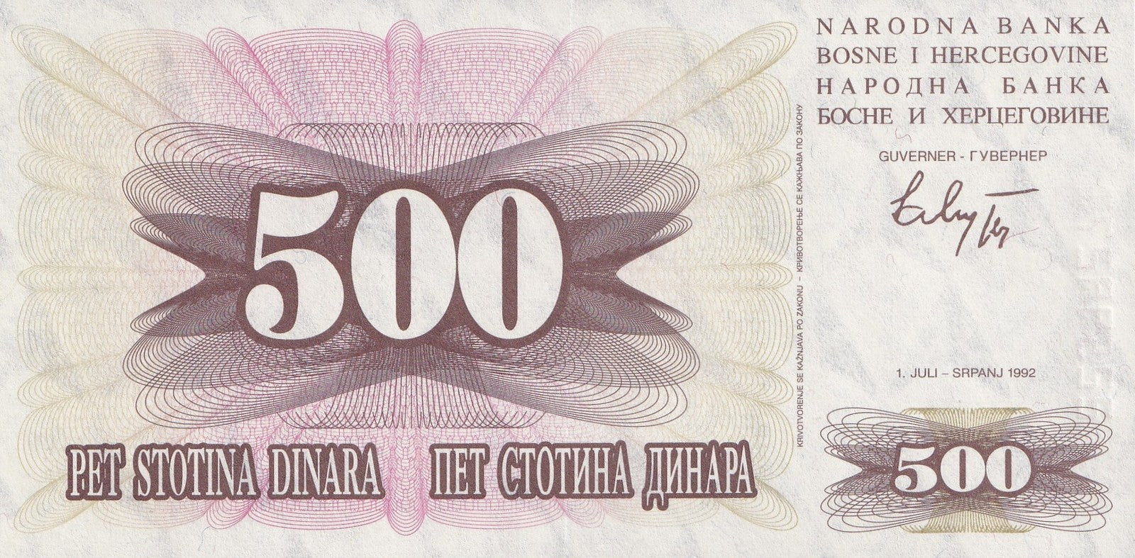 Bosnia & Herzegovina 500 Dinara 1992 P 14 UNC