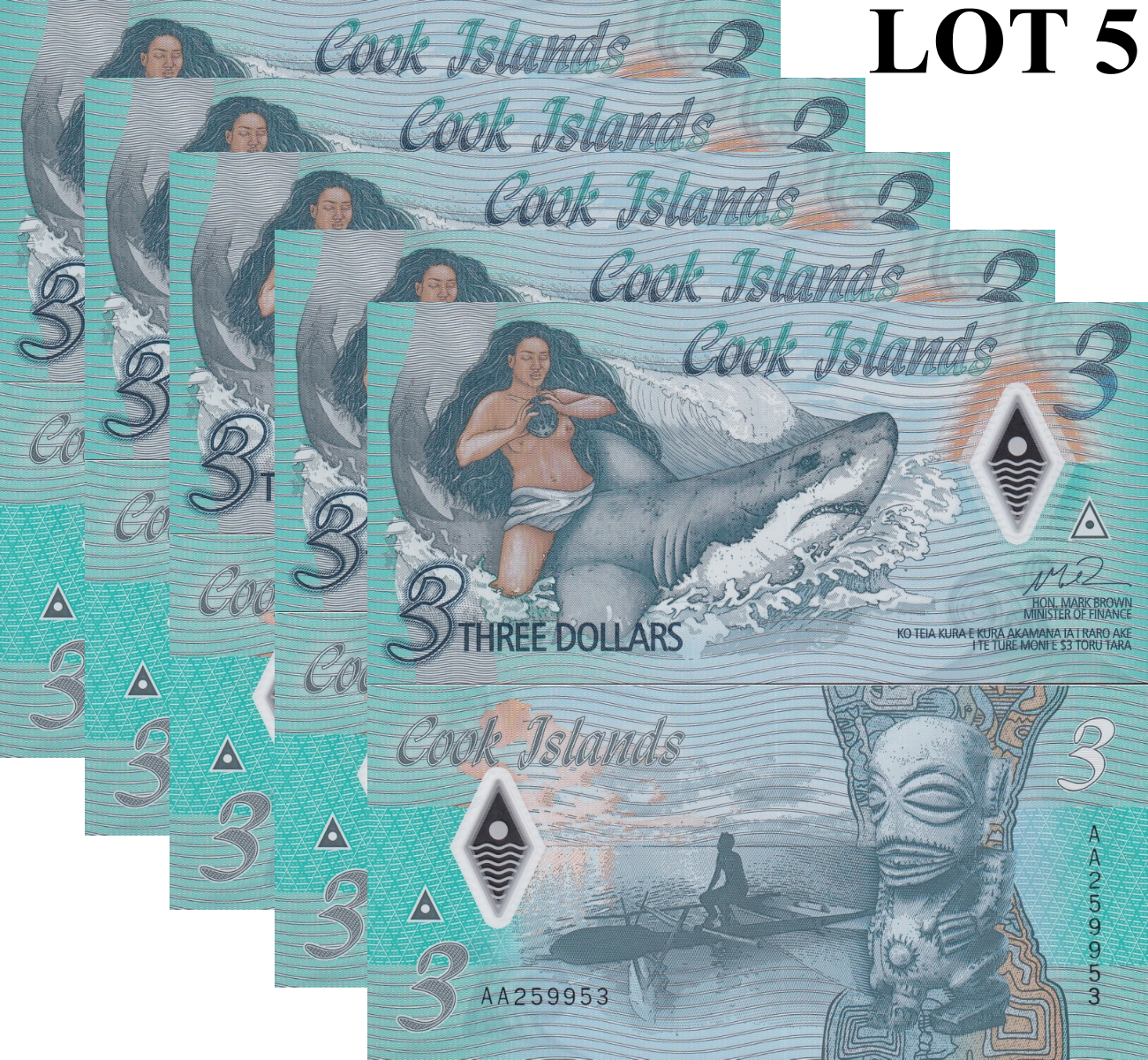 Cook Islands 3$ ND 2021 P 11 Polymer UNC 1/20 Bundle Lot 5 pcs AA Firs Prefix