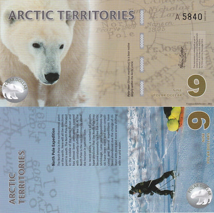 Arctic Territories 9 Dollars 2012 Polymer UNC Test Note Series A Polar Bear