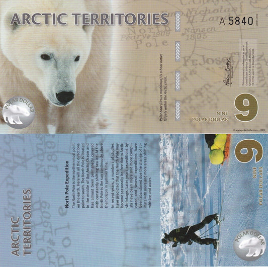 Arctic Territories 9 Dollars 2012 Polymer UNC Test Note Series A Polar Bear