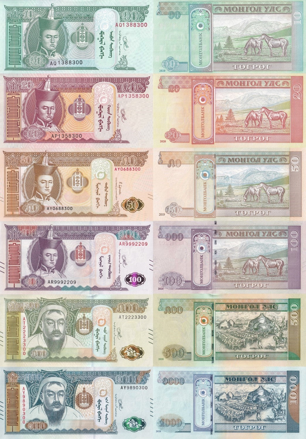 Mongolia 10 20 50 100-1000 Togrog 2019 2020 P 62 63 72 73 74 75 UNC Set 6 pcs.