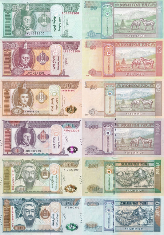Mongolia 10 20 50 100-1000 Togrog 2019 2020 P 62 63 72 73 74 75 UNC Set 6 pcs.