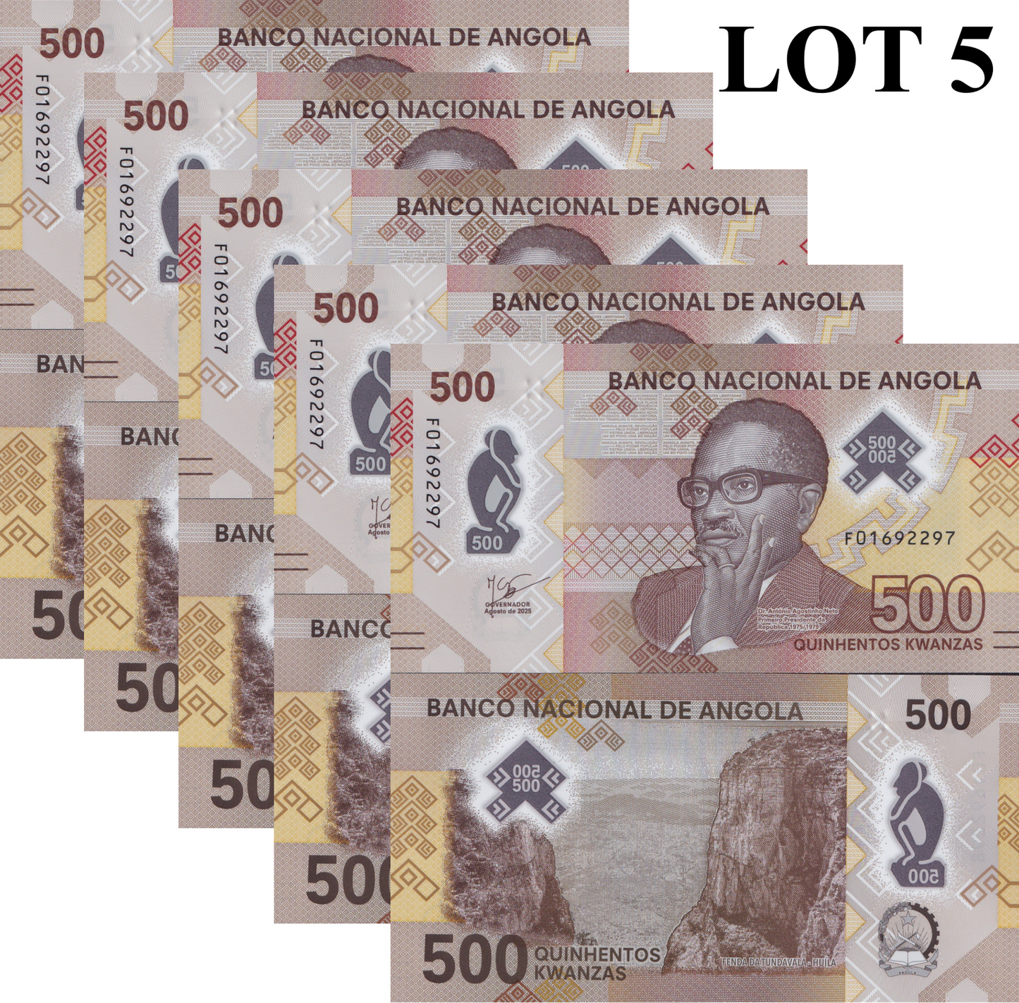 Angola 500 Kwanzas 2025 P 161 Polymer UNC 1/20 Bundle Lot 5 pcs