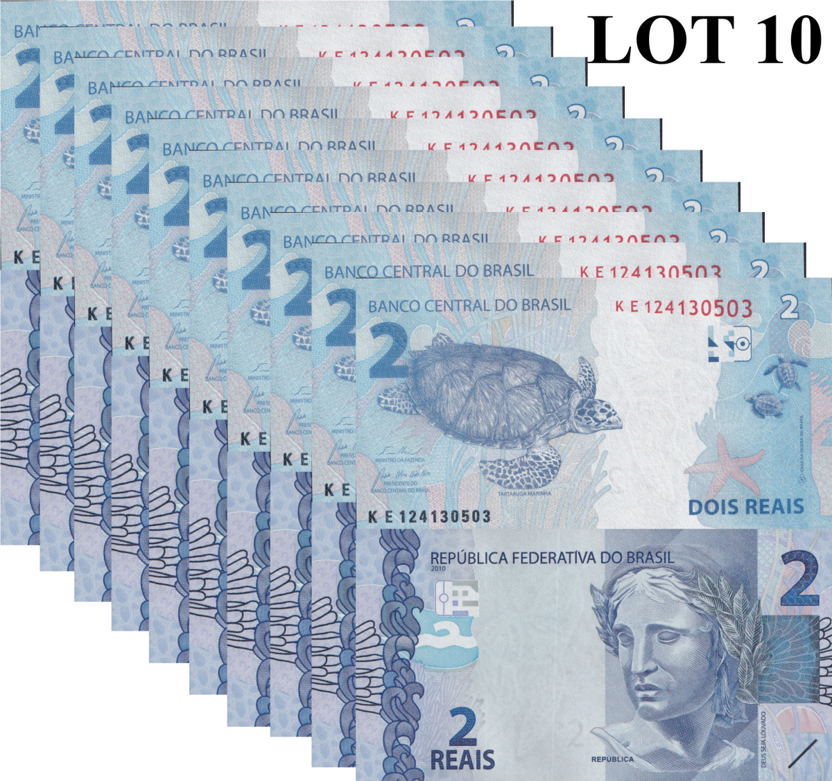 Brazil 2 Reais 2010/2024 P 252 UNC 1/10 Bundle Lot 10 pcs