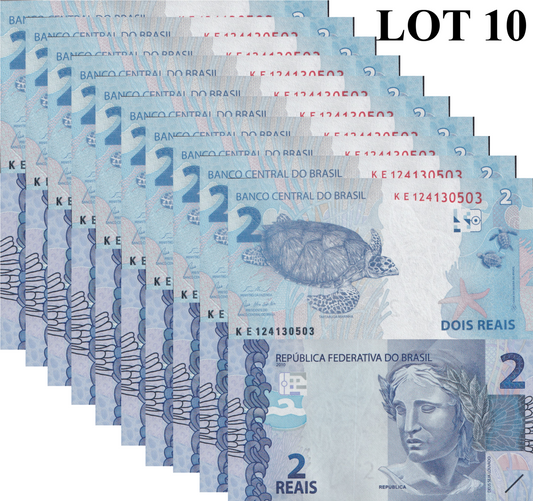 Brazil 2 Reais 2010/2024 P 252 UNC 1/10 Bundle Lot 10 pcs