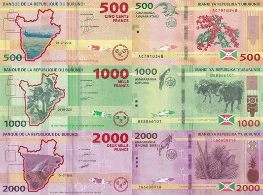 Burundi 500 1000 2000 Francs 2018-2021 P 50 51 52 UNC Set 3 pcs