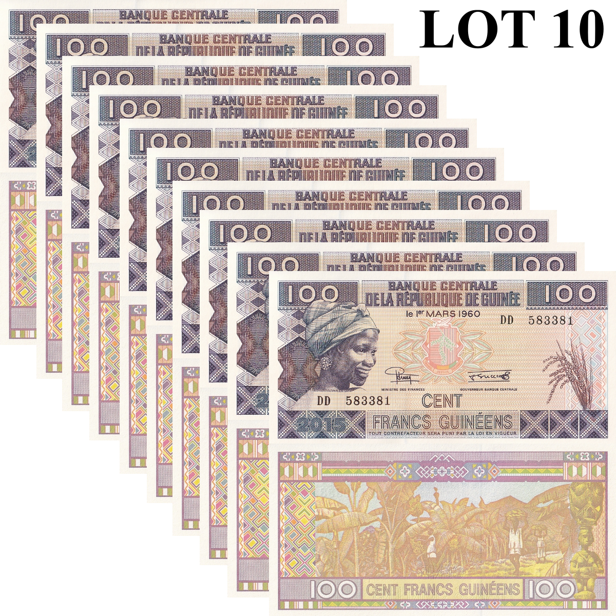 Guinea 100 Francs 2015 P A47 UNC 1/10 Bundle Lot 10 pcs