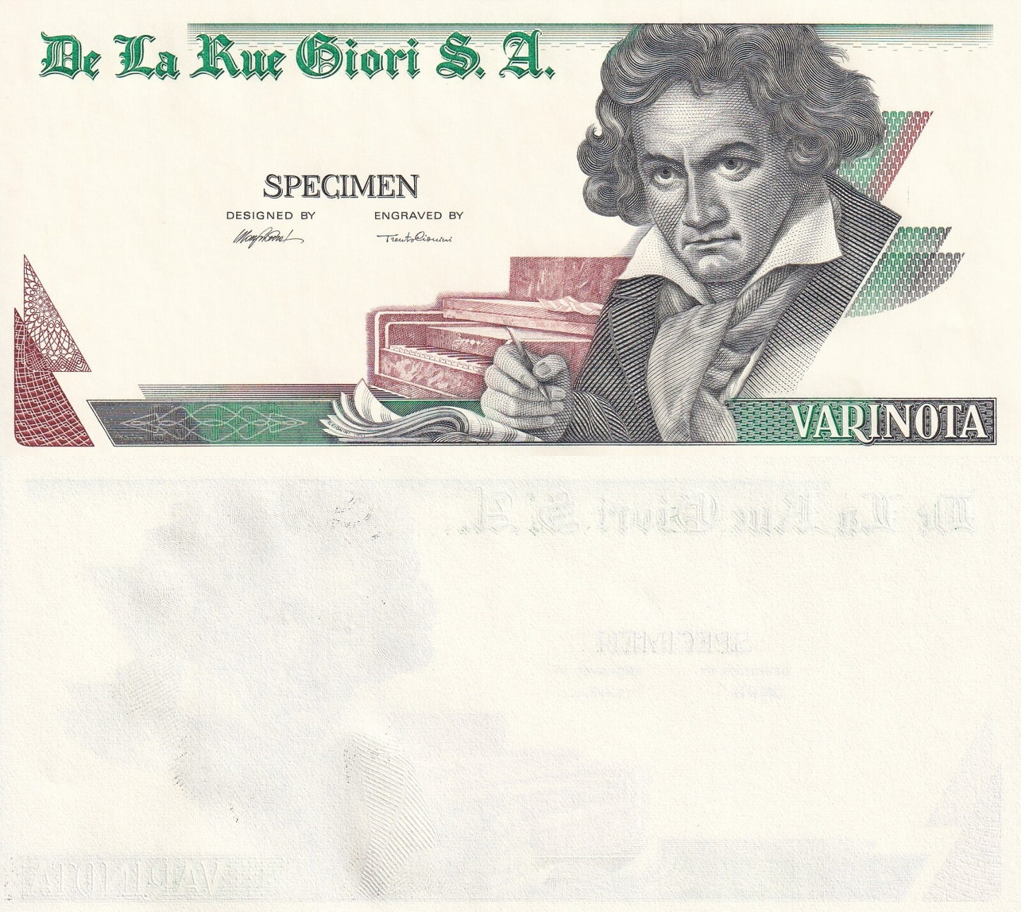 De la Rue Giori S.A Beethoven Varinota Single Sided Specimen Green-Black