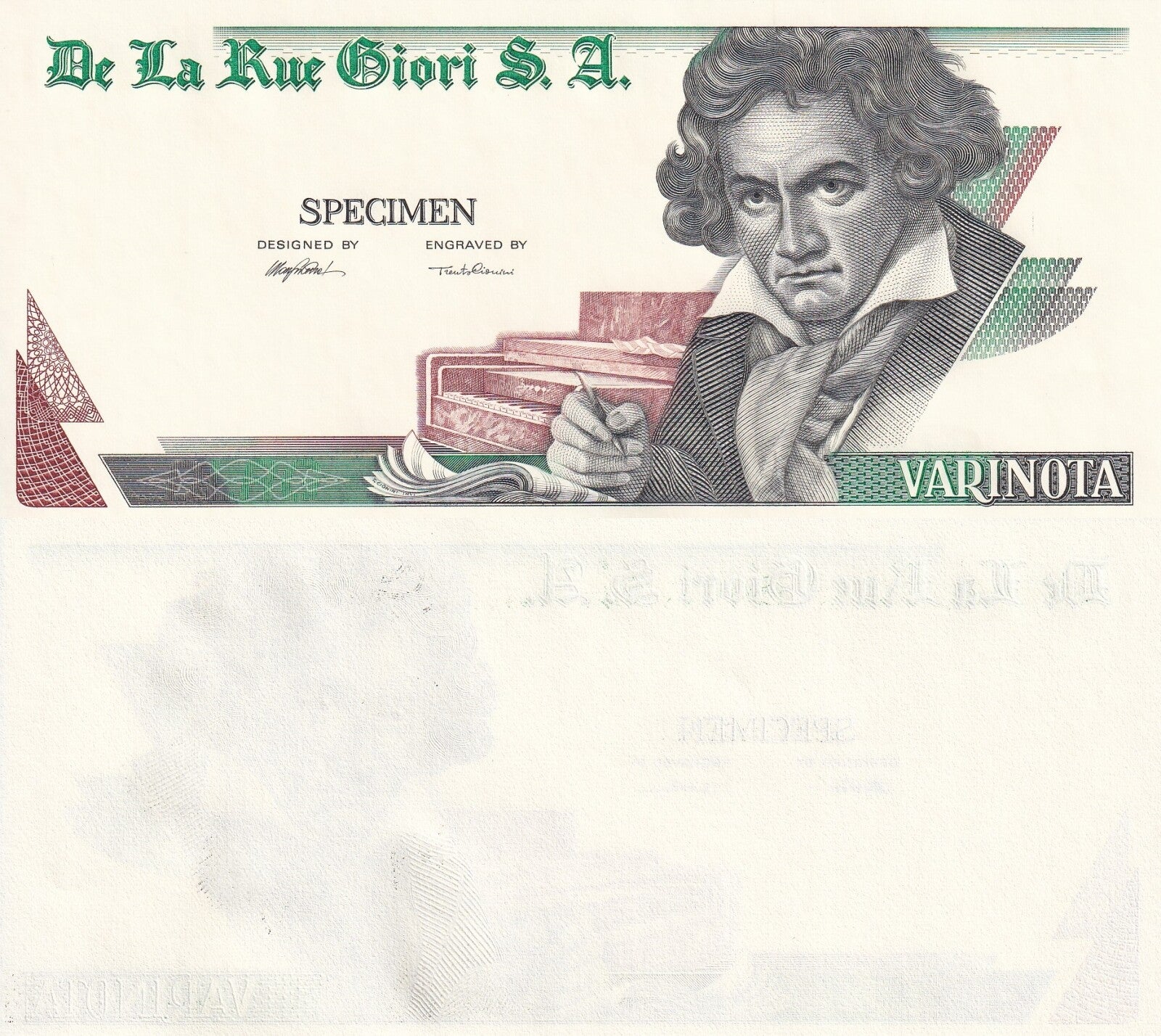 De la Rue Giori S.A Beethoven Varinota Single Sided Specimen Green-Black