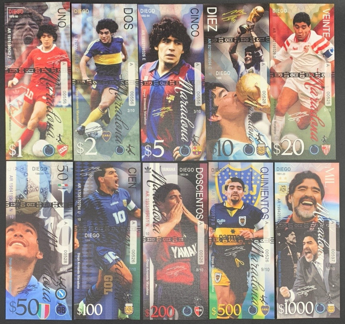 Diego Maradona Test Note 2020 Argentina FIFA World Cup UNC Set 10 pcs Specimen