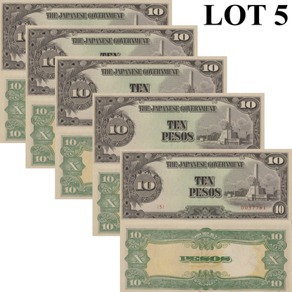 Philippines 10 Pesos ND (1943) P 111 UNC 1/20 Bundle Lot 5 pcs